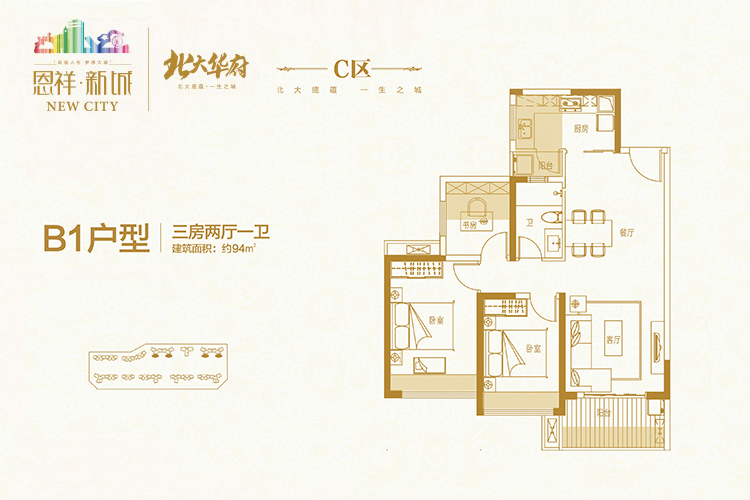 恩祥新城北大华府-B1户型-三房两厅建筑面积：94平米