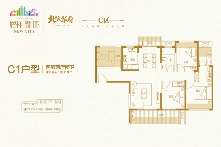 恩祥新城北大华府-C1户型-四房两厅建筑面积：110平米