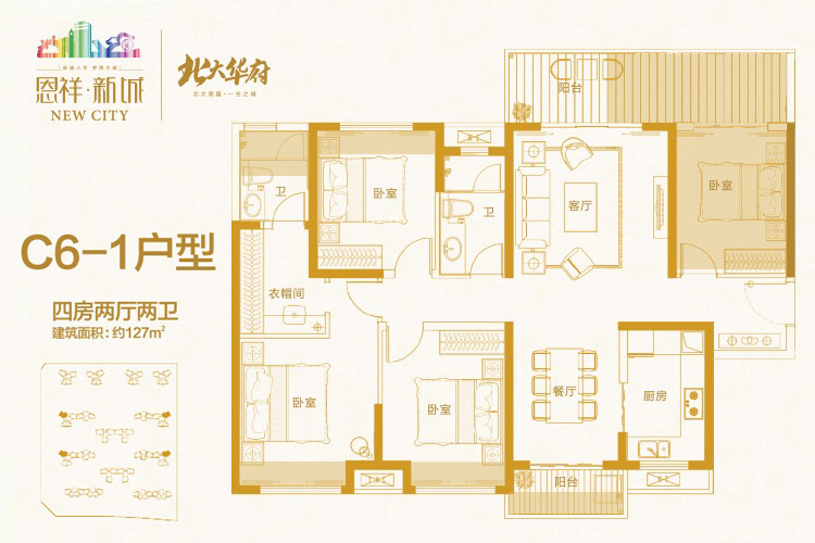 恩祥新城北大华府-C6-1户型-四房两厅建筑面积：127㎡