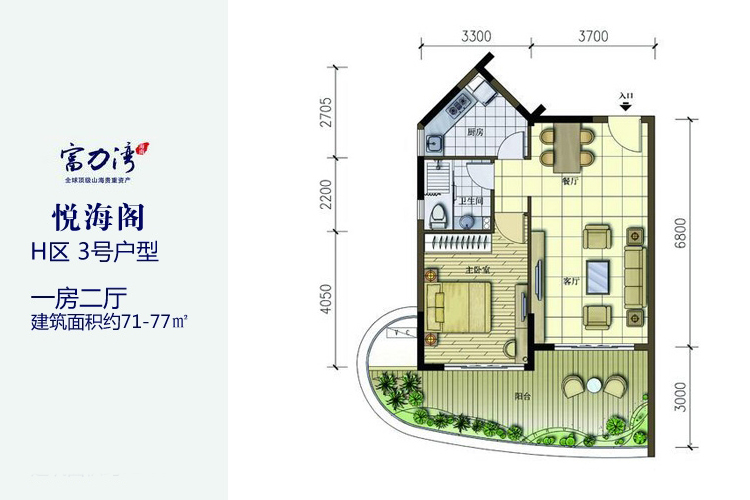 富力湾H区-3号户型-1房2厅-71-77㎡