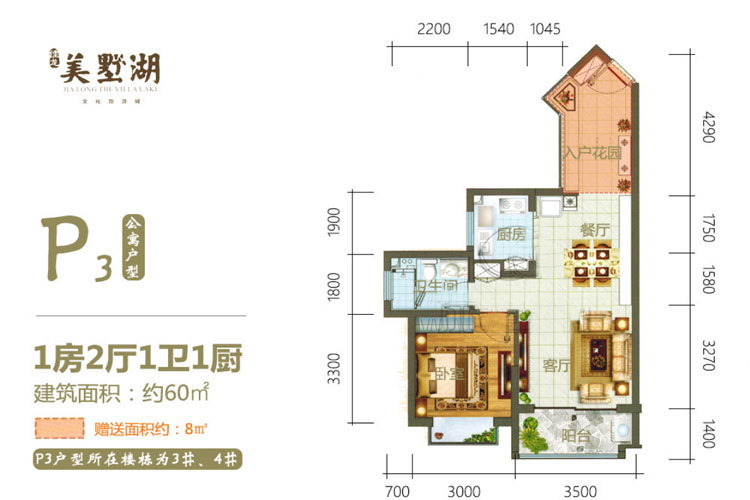 P3公寓户型-1房2厅1厨1卫-60.00㎡