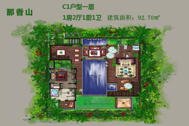 C1户型一层-1房2厅1卫1厨-92.70㎡