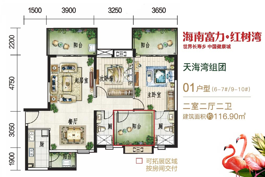 富力红树湾天海湾-01户型-建面约116.90平-两房两厅