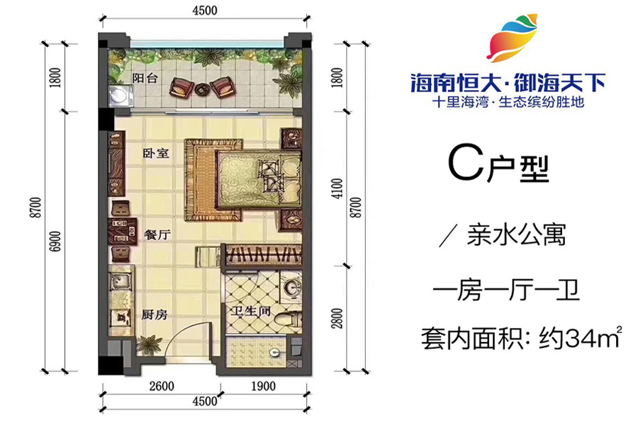 亲水公寓C户型-套内面积约34平-一房一厅
