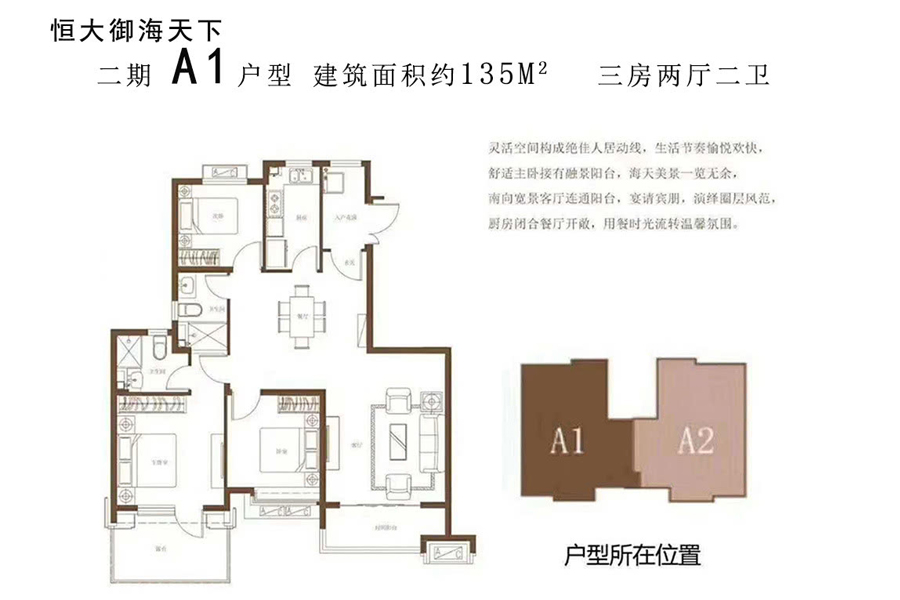 A1户型-建筑面积135平-三房两厅