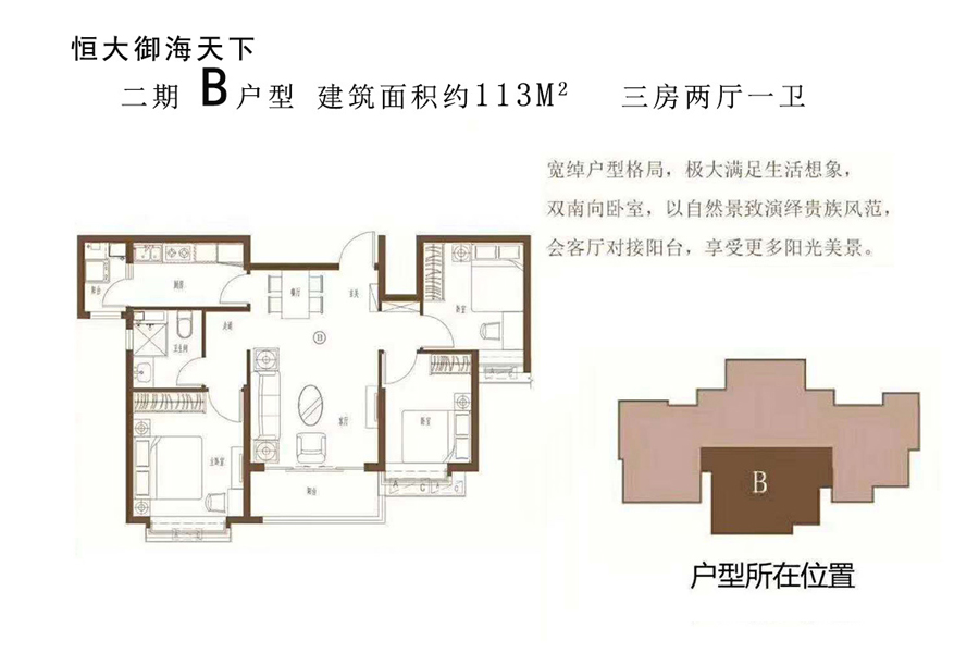 B户型-建筑面积113平-三房两厅