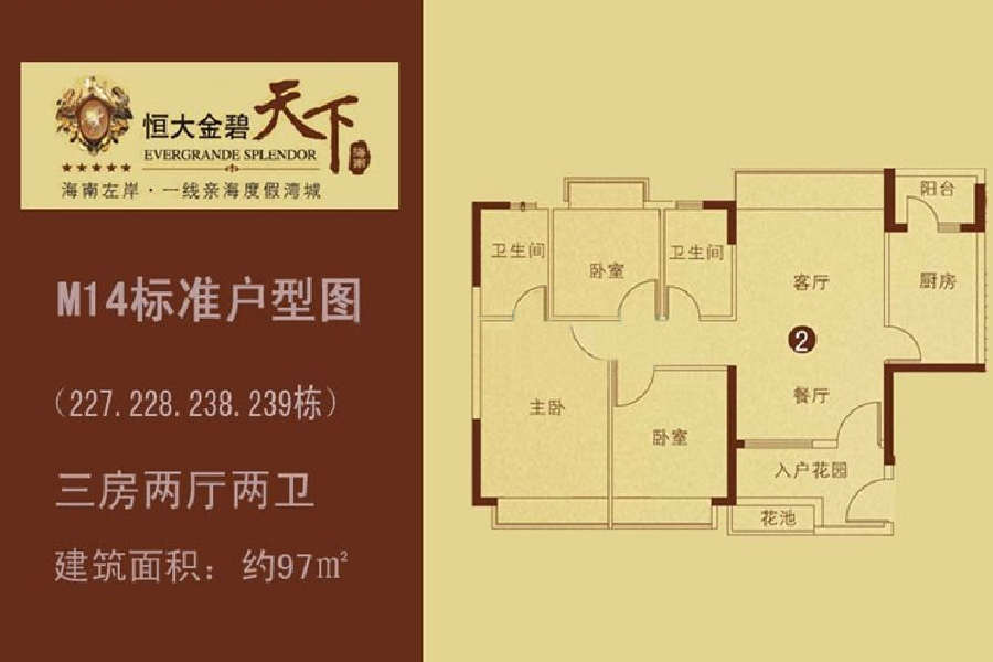 恒大金碧天下（227.228.238.239栋）2户型三房两厅：97㎡