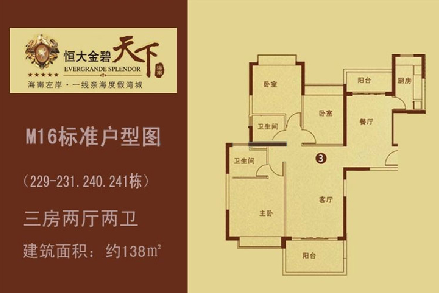 恒大金碧天下（229-231.240.241栋）3户型三房两厅：138㎡