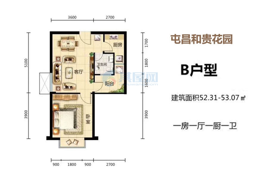 B户型-建面约52.31平-一房一厅