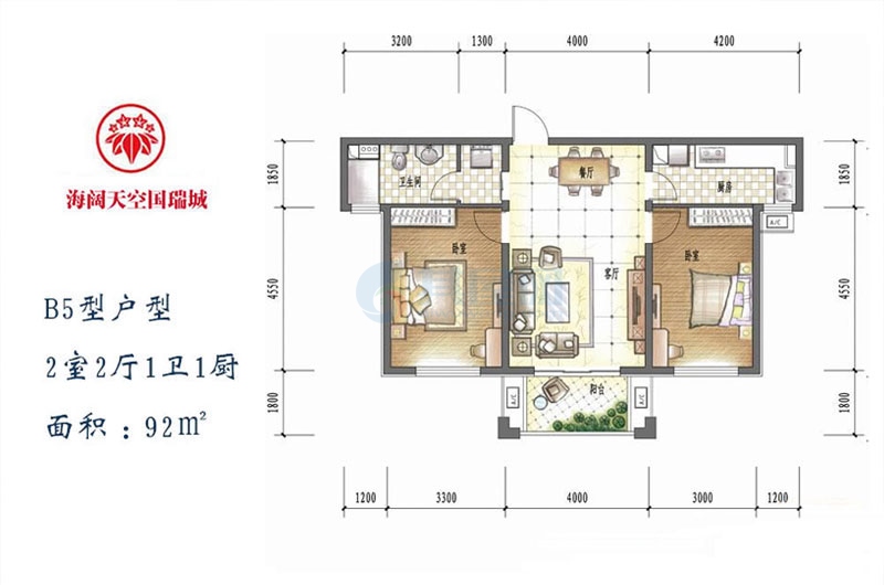 B5型户型-2室2厅1卫1厨-92.00㎡