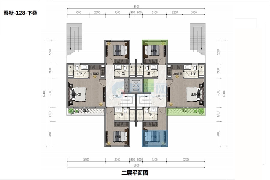 叠墅户型(下叠二层)-建面约128㎡-4室2厅2卫