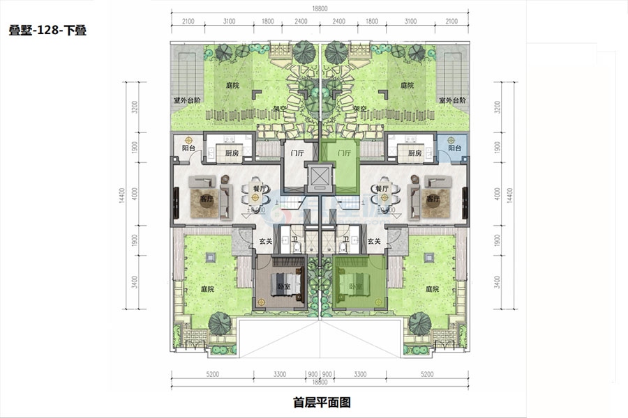 叠墅户型(下叠一层)-建面约128㎡-4室2厅2卫
