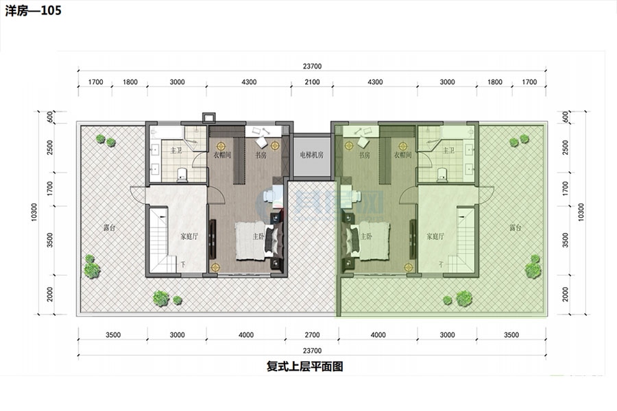 洋房复式上层户型-建面约105㎡-3房2厅1厨2卫