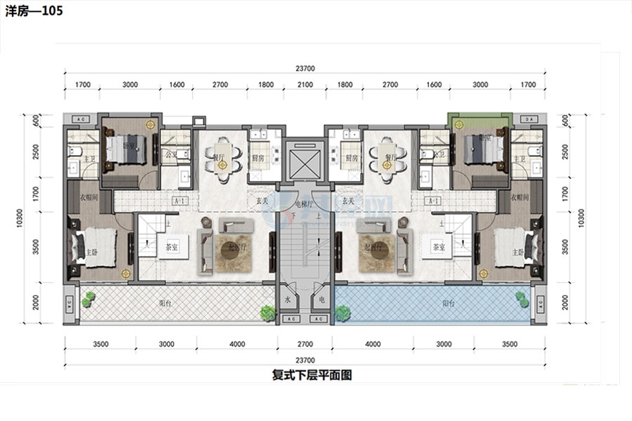 洋房复式下层户型-建面约105㎡-3房2厅1厨2卫