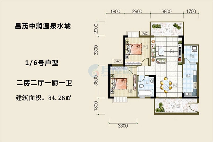 1、6号户型-建面约84.26㎡-2室2厅1卫