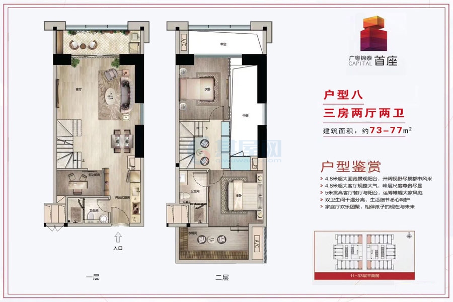 八户型73-77平米（建筑面积）三房两厅