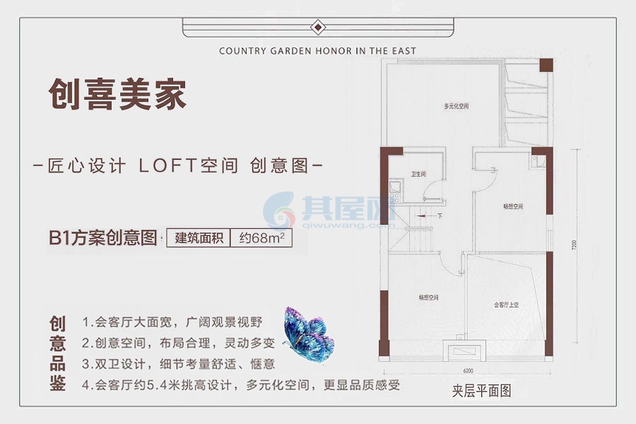 LOFTB1户型-建面约68.00㎡-3房1厅1厨2卫（夹层）