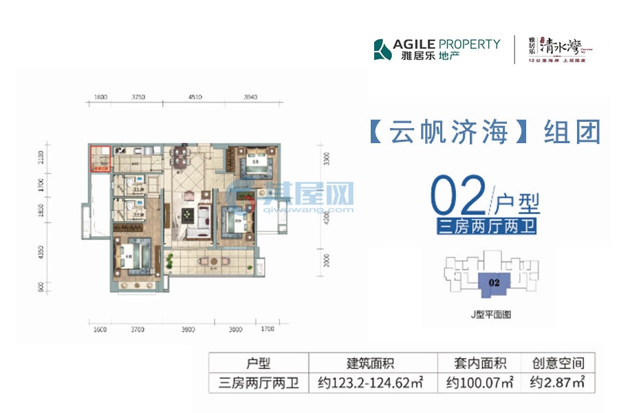 云帆济海02户型建筑面约123.2-124.62平-三房
